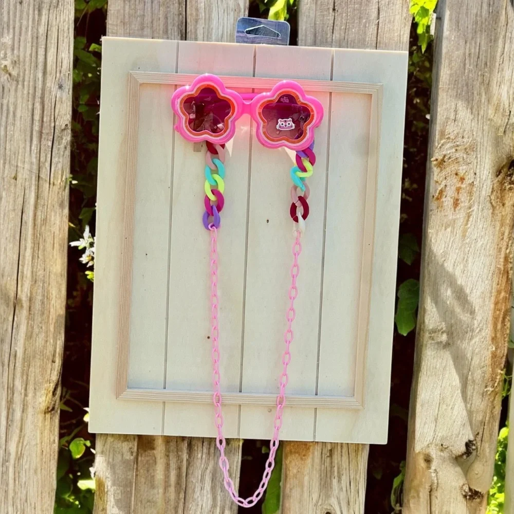 Kids Pink Flower Sunglasses with Colorful Chain